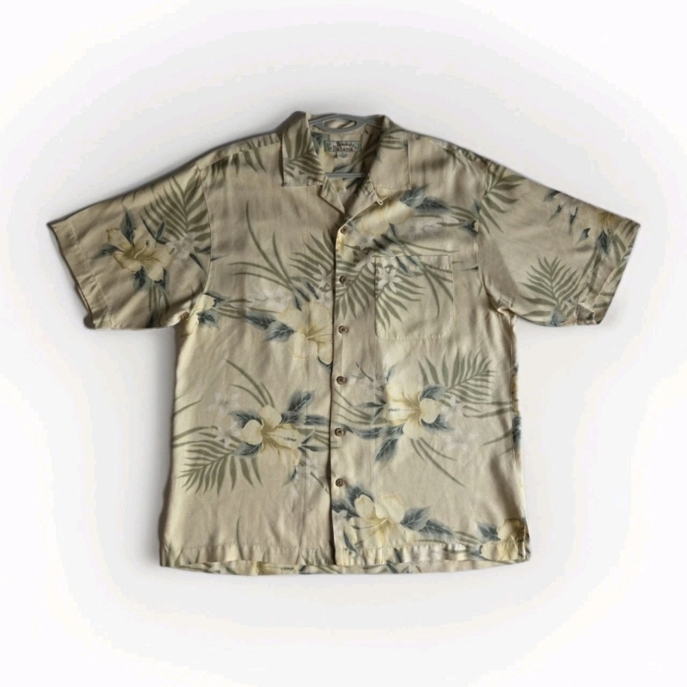 Tommy Bahama Hawaiian Shirt Mens Medium Floral Button Up Beige 100% Silk